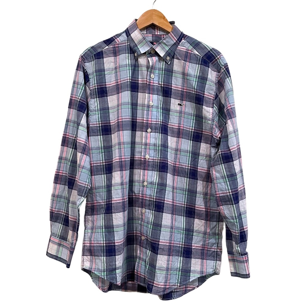 Vineyard Vines Men's Classic Fit Whale Shirt Button Down Plaid Blue, Size Medium